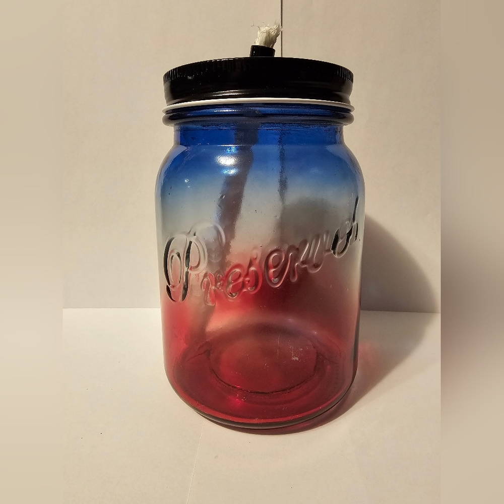 Glass table oil torch citronella torch Mason jar red white and blue